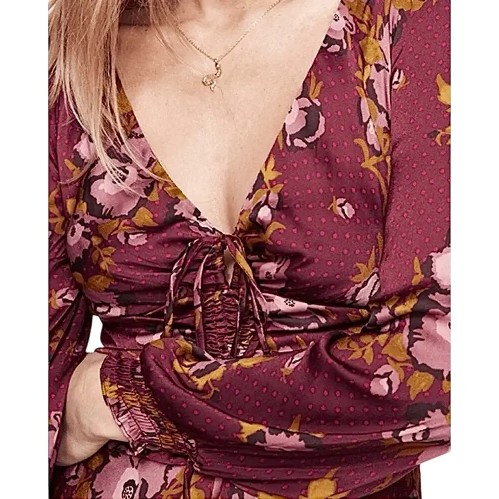 Free People Morning Light Dress 6 Mauve Floral Polka Dot Satin Keyhole Boho